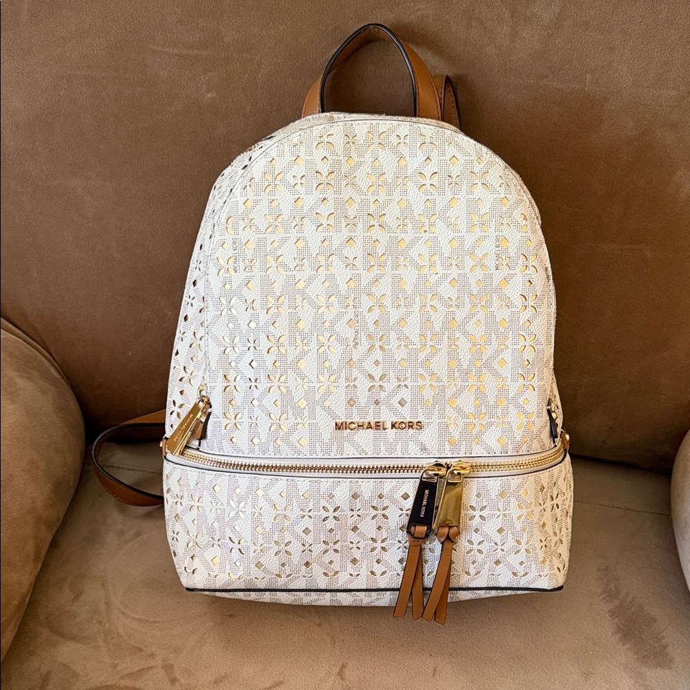 Michael Kors Cream and Gold Laser-Cut Logo Backpack